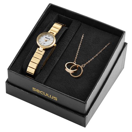 Kit Relógio Feminino Clássico Com Colar Dourado