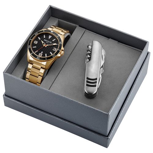 Kit Relógio Masculino Dourado Com Canivete