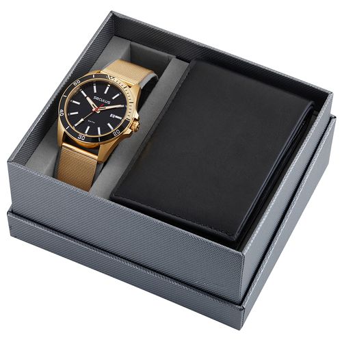 Kit Relógio Masculino Casual Dourado Com Carteira
