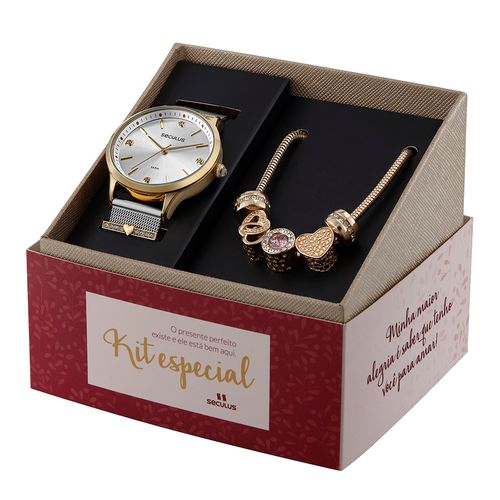 Kit Relógio Feminino Coração Prata e Dourado com Pulseira