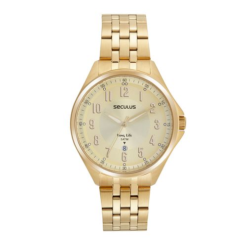 Relógio Masculino Aço com Calendário Dourado