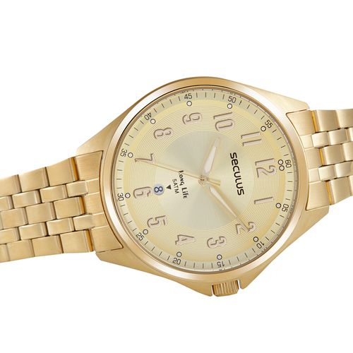 Relógio Masculino Aço com Calendário Dourado