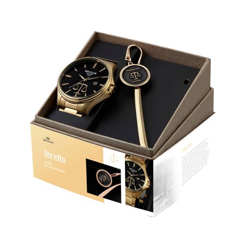 Kit Relógio Masculino Profissões Direito Aço Dourado