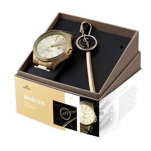 Kit Relógio Masculino Profissões Medicina Dourado