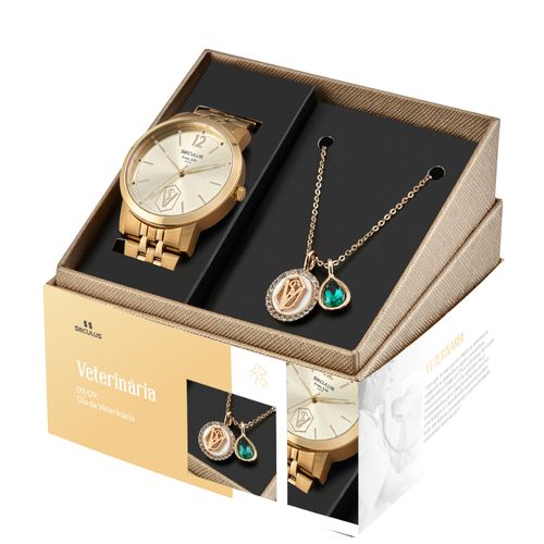 Kit Relógio Feminino Profissões Veterinária Dourado