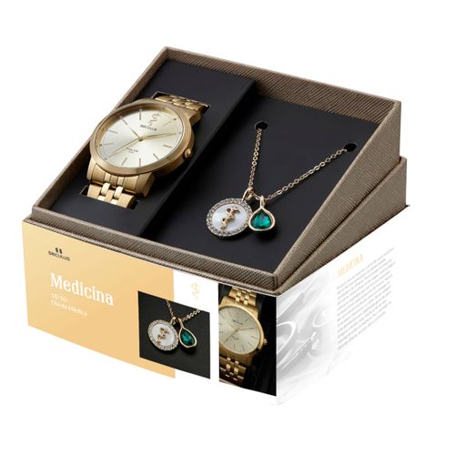 Kit Relógio Feminino Profissões Medicina Dourado