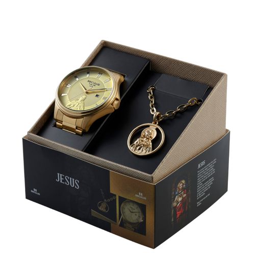 Kit Relógio Masculino com Colar Jesus Dourado