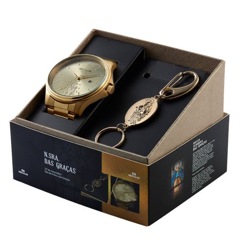 Kit Relógio Masculino&nbsp;Nossa Senhora das Graças Dourado