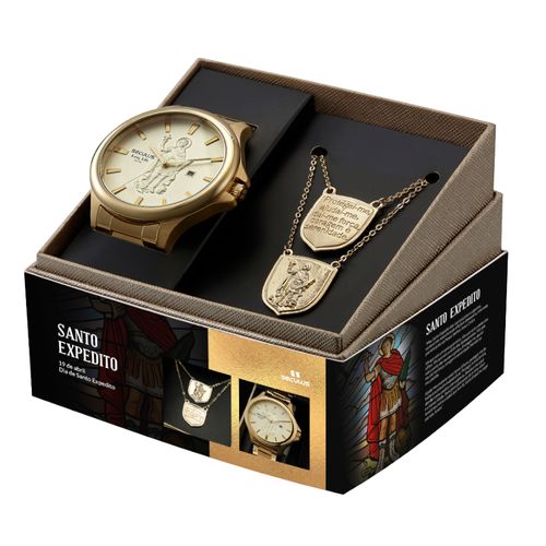 Kit Relógio Masculino Santo Expedito Dourado