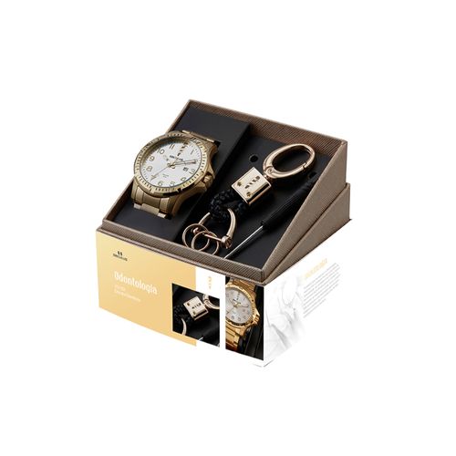 Kit Relógio Masculino Profissões Odontologia Aço Dourado