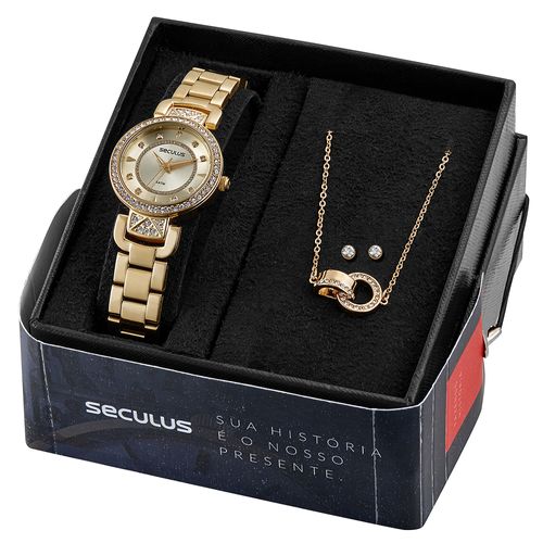 Kit Relógio Feminino Cristais Dourado Com Semijoias