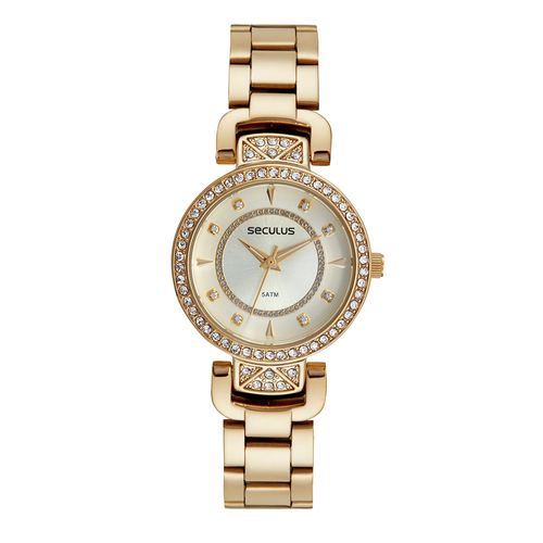 Kit Relógio Feminino Cristais Dourado Com Semijoias