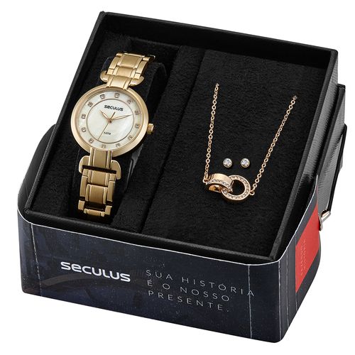 Kit Relógio Feminino Madrepérola Dourado Com Semijoias