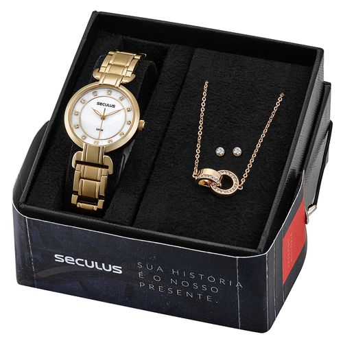 Kit Relógio Feminino Madrepérola Dourado Com Semijoias