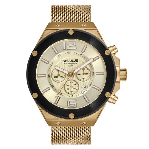 Relógio Masculino Cronógrafo Malha de Aço Dourado