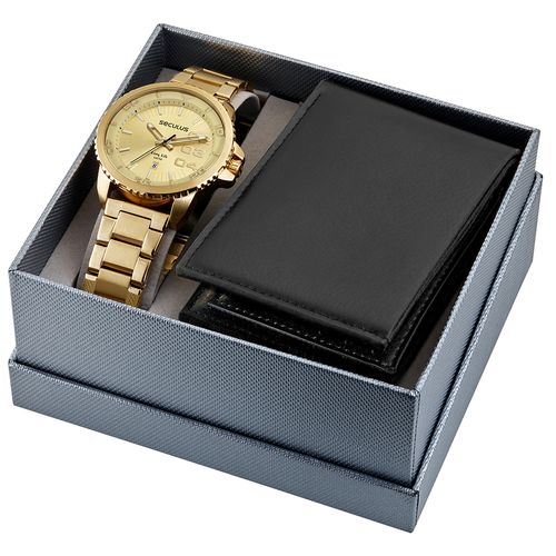 Kit Relógio Masculino Aço Dourado Com Carteira