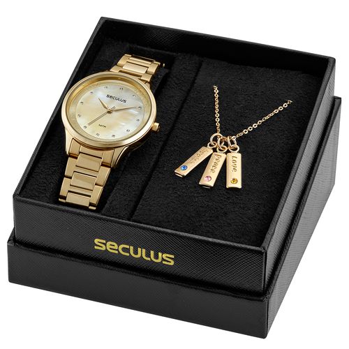 Kit Relógio Feminino Madrepérola Dourado Com Colar