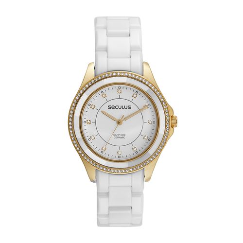Relógio Feminino Cerâmica Cristais Dourado