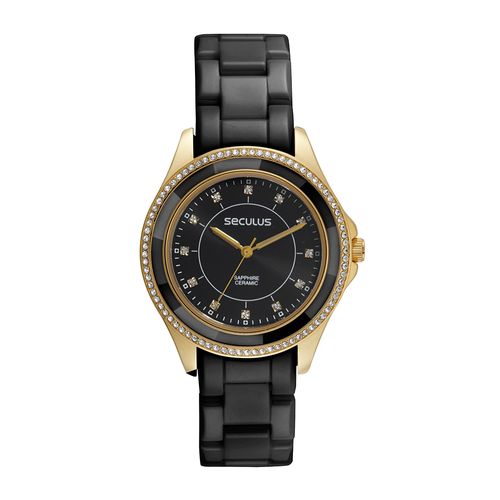 Relógio Feminino Cerâmica Cristais Dourado