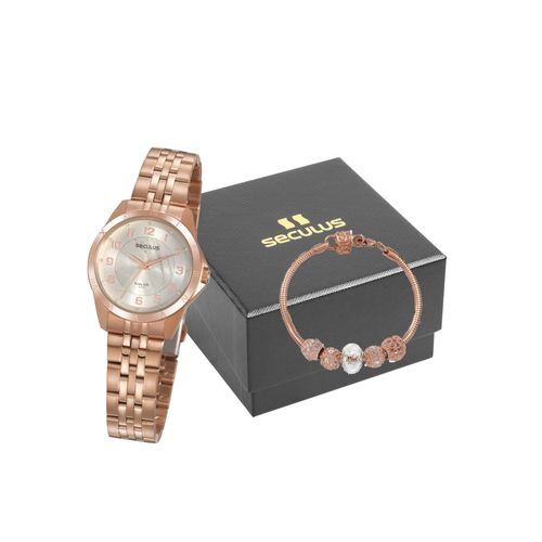 Kit Relógio Feminino Aço Rosé Com Pulseira Berloques