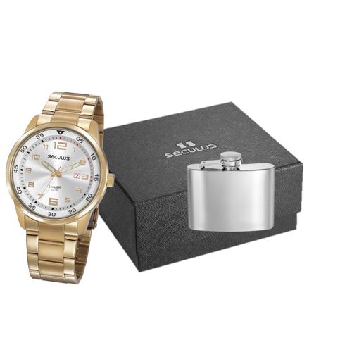 Kit Relógio Masculino Casual Dourado Com Cantil