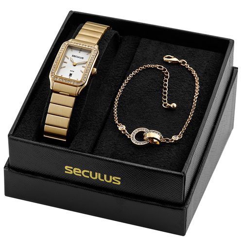 Kit Relógio Feminino Quadrado Dourado e Pulseira de Pingente