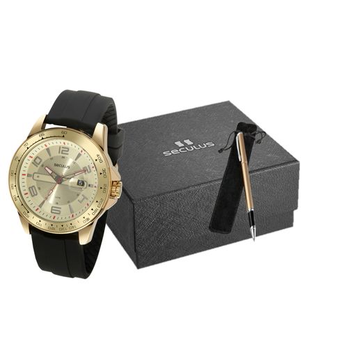 Kit Relógio Masculino Silicone Dourado Com Caneta