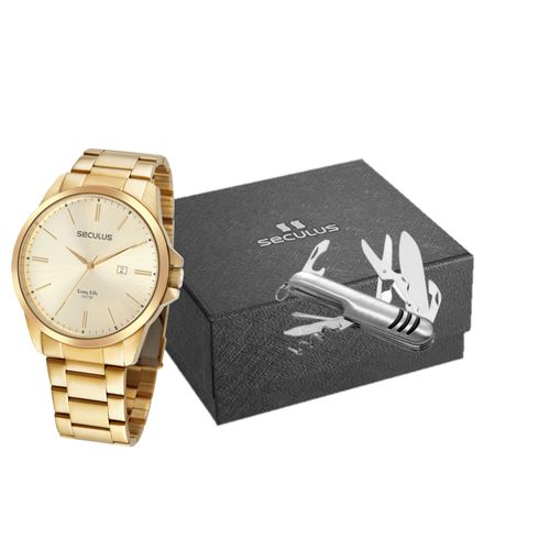 Kit Relógio Masculino Dourado Com Canivete