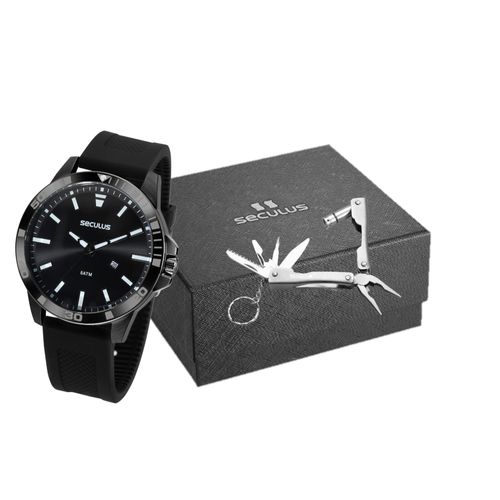 Kit Relógio Masculino Silicone Preto Com Alicate Multifunção