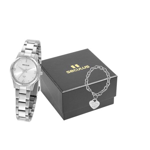 Kit Relógio Feminino Prata Com Pulseira Coração