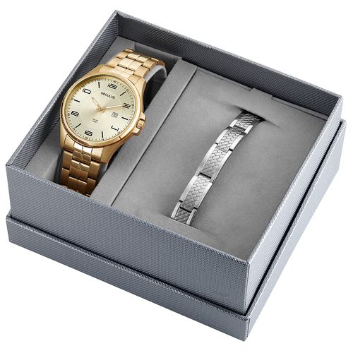 Kit Relógio Masculino Casual Dourado Com Pulseira