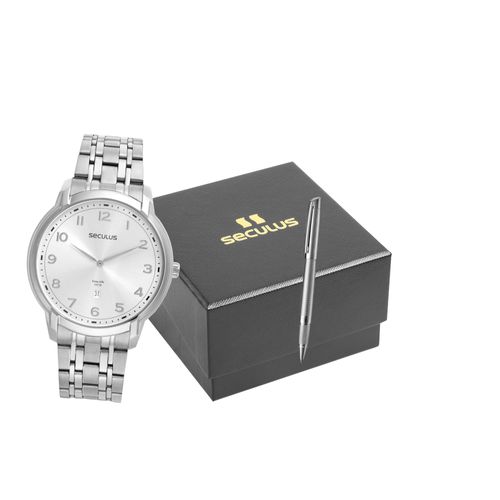 Kit Relógio Masculino Clássico Prata Com Caneta