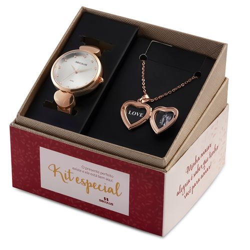 Kit Relógio Feminino Rosé Com Colar Relicário