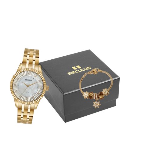 Kit Relógio Feminino Dourado Com Pulseira de Berloques