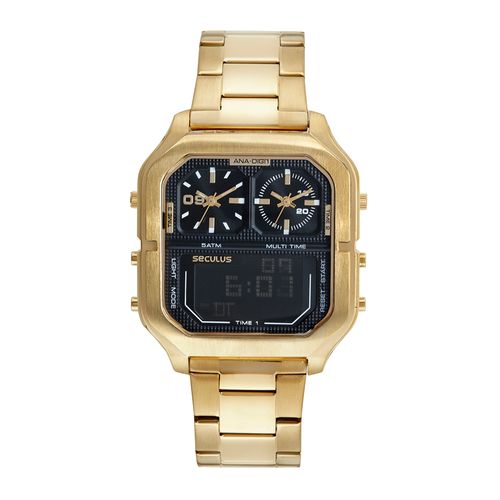Relógio Masculino Anadigi Quadrado Aço Dourado