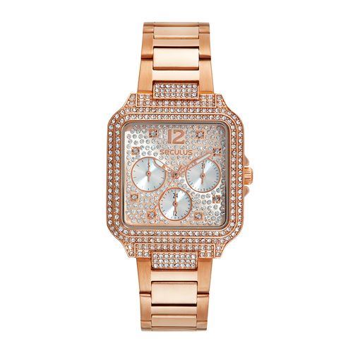 Relógio Feminino Multifunção Quadrado Cristais Rosé