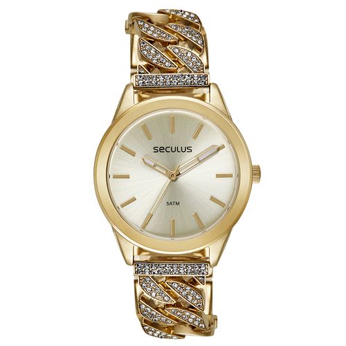 Relógio Feminino Corrente Cristais Dourado