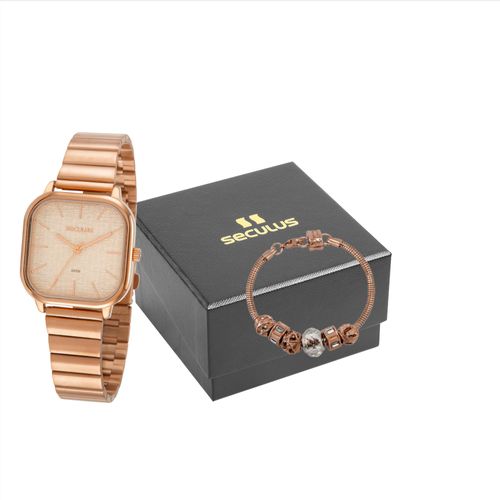 Kit Relógio Feminino Quadrado Rosé Com Pulseira Berloques