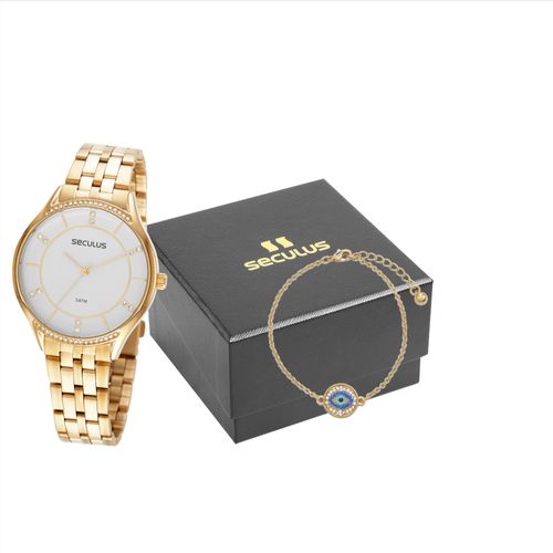 Kit Relógio Feminino Dourado Com Pulseira Olho Grego