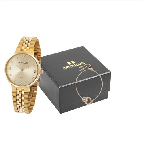 Kit Relógio Feminino Cristais Dourado Com Pulseira
