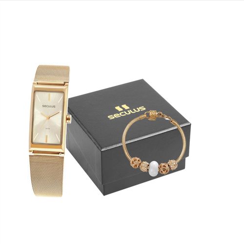 Kit Relógio Feminino Quadrado Dourado Com Pulseira Berloques