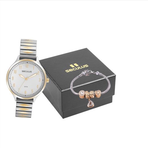 Kit Relógio Feminino Casual Bicolor Com Pulseira Berloques