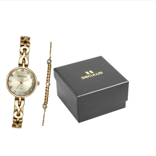 Kit Relógio Feminino Vintage Dourado Com Pulseira Cristais