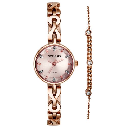 Kit Relógio Feminino Vintage Rosé Com Pulseira Cristais