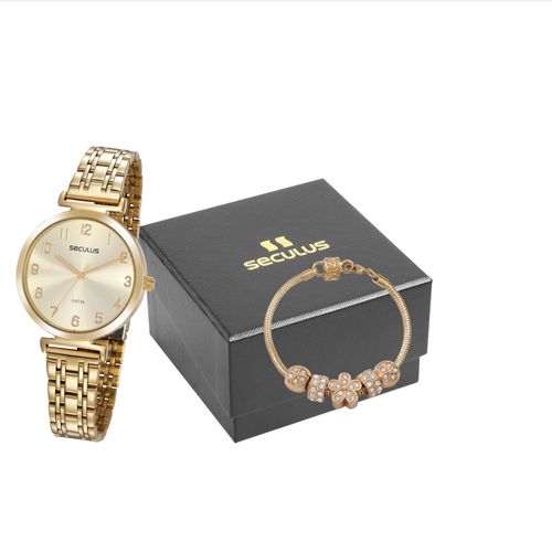 Kit Relógio Feminino Dourado Com Pulseira Berloques