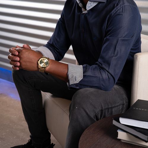 Relógio Masculino Aço Casual Com Calendário Dourado