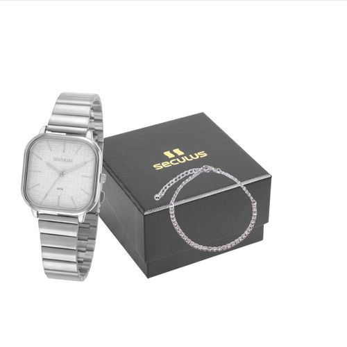 Kit Relógio Feminino Quadrado Prata Com Pulseira