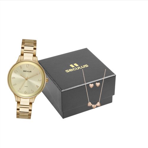 Kit Relógio Feminino Casual Dourado Com Semijoias Coração