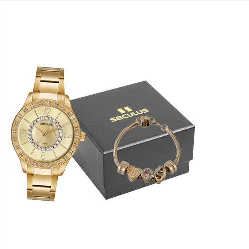 Kit Relógio Feminino Casual Dourado Com Pulseira Berloques