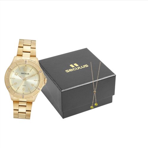 Kit Relógio Feminino Casual Dourado com Colar